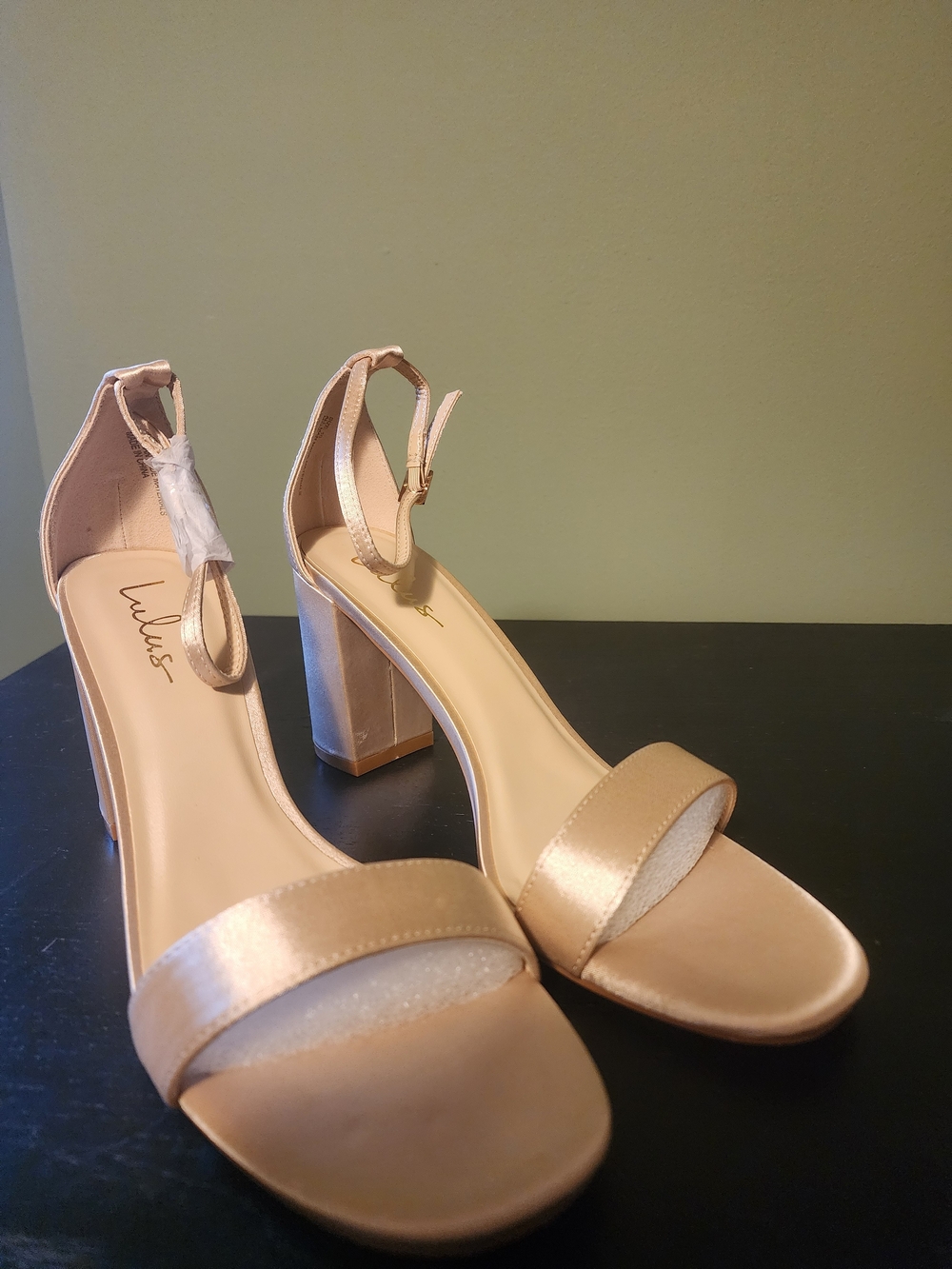 Lulu's Satin Champagne Block Heel Sandals with Ankle Strap